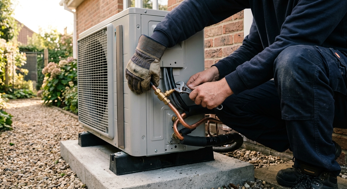 Technicien frigoriste GAZ 42 installant une unité extérieure
